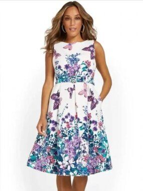 NY & Co Butterfly Print Flare Dress w Pockets Floral Purple Green, Small